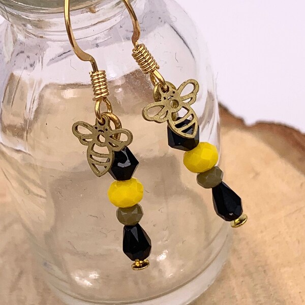 Boucles d'oreille Les Petites Abeilles, Perles en verre à facette noir, jaune et kaki, Bijou fantaisie, Accessoire de mode
