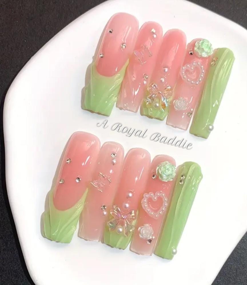 Pink Green Pearl SALONS Press On 3D Rhinestone long Nails Elegant Royal Celebrity Club Party Handmade Gel Acrylic Handcrafted