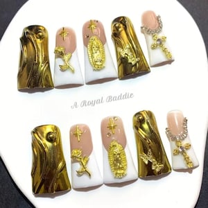 Gold Metallic French Tip Duck SALONS Press On 3D Rhinestone long Nails Elegant Royal I have no Club Party Handmade Gel Acrylic Handcrafte