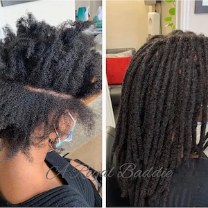 May include: Before and after photos of a person getting dreadlocks. The person's hair is short and curly in the before photo and long and straight in the after photo. The person is wearing a black shirt and a face mask in both photos.