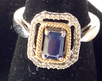 Sterling en 14kt gouden ring met blauwe edelsteen en CZ maat 7 Ref. 0c160-5