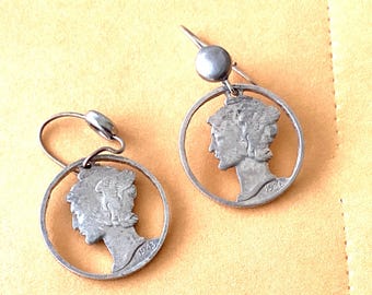 Silver Mercury head dime earrings.       Ref3144