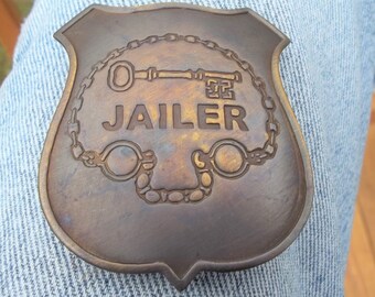 Brass Jailer Badge Pin Shield With Handcuffs & Key On It For Men Or Women Leather Denim Coat Shirt Purse Cycle Rider Vest