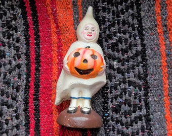 Cast Iron Vintage Style Halloween Trick-or-Treat Ghost Girl w// Pumpkin Coin Bank