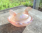 Carnival Pink Glass Miniature Mini Glass Hen Chicken Chick On A Nest Collectible Open Salt Dip Kitchen Home Decor