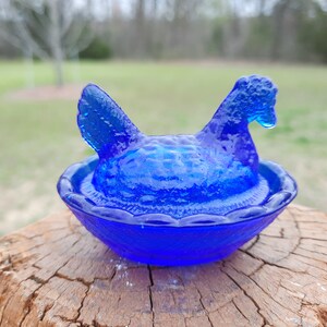 Cobalt Blue Glass Miniature Mini Hen Chicken Chick on a Nest Collectible Open Salt Dip Kitchen Home Decor image 2