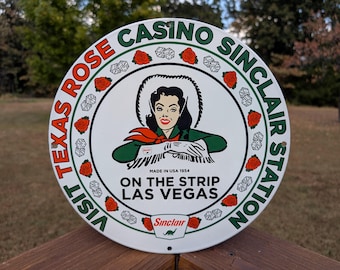 Vintage Style Porcelain Visit Texas Rose Casino Sinclair Station Sign Made In USA 1954 Las Vegas Strip