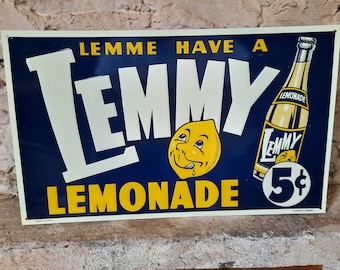 Vintage NOS Embossed Tin Metal Lemmy Lemonade 5 Cent Sign New Old Stock Advertising Sign 15x9 Inches