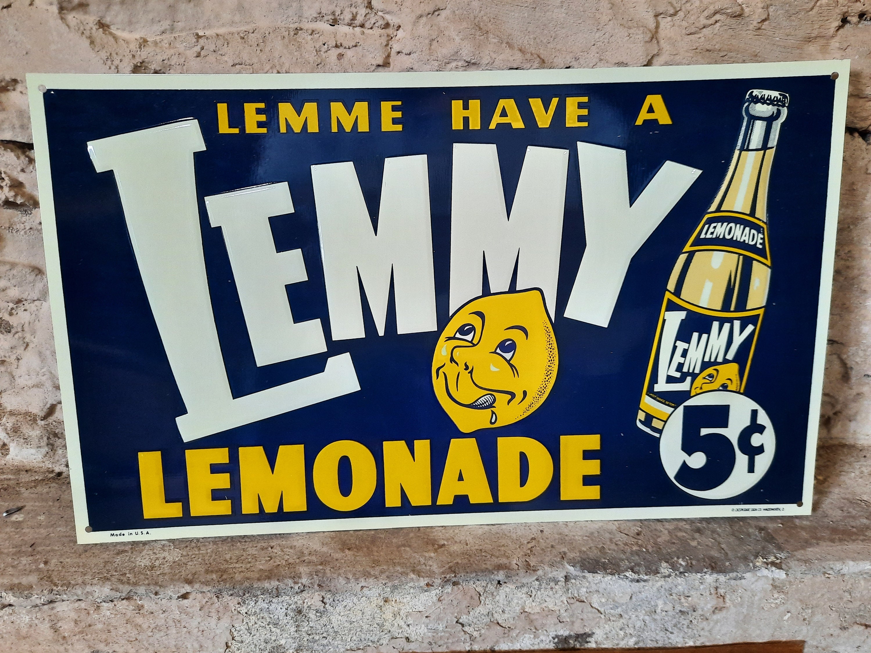 Vintage NOS Embossed Tin Metal Lemmy Lemonade 5 Cent Sign New Old