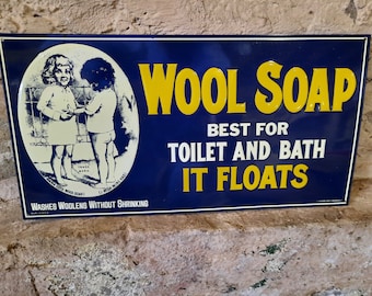 Vintage NOS New Old Stock Embossed Metal Wool Soap Best for Toilet and Bath Sign Mint