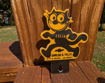 Vintage Style Porcelain Felix Chevrolet Winslow B. Felix License Plate Topper Fob Felix The Cat Gas Oil Sign