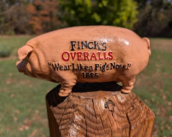 Hand Painted Cast Iron Finck's Overalls Pig Hog COIN BANK Wear Like A Pigs Nose 1885! Piggy Bank! Free Shipping!