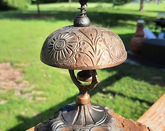 Heavy Brass Front Desk Bell on Cast Iron Stand Floral Heart Leaf Motif Store Hotel Collectible Art