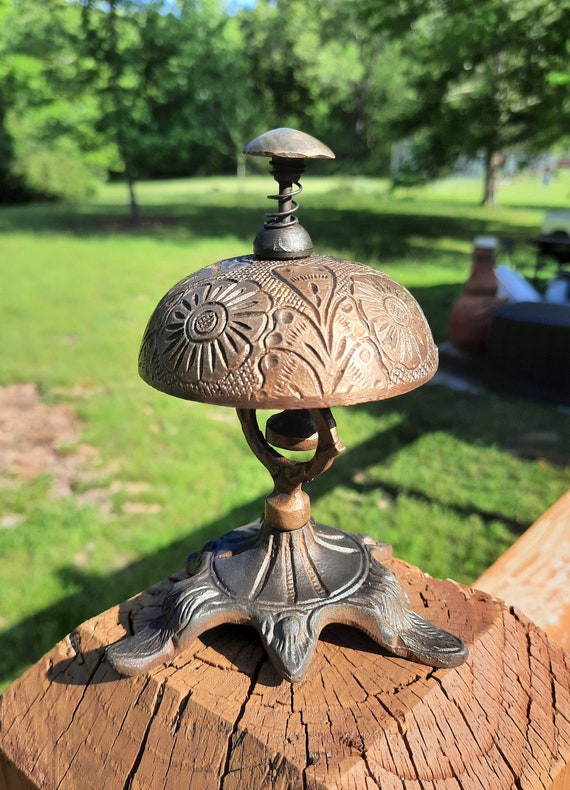 Heavy Brass Front Desk Bell on Cast Iron Stand Floral Heart Leaf Motif Store Hotel Collectible Art