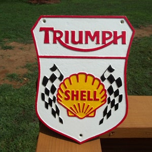 Large Heavy Cast Iron Triumph Checkered Racing Flag Wall Sign Plaque Gas Oil Motorcycle Advertising Sign
