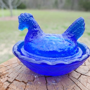 Cobalt Blue Glass Miniature Mini Hen Chicken Chick on a Nest Collectible Open Salt Dip Kitchen Home Decor image 1