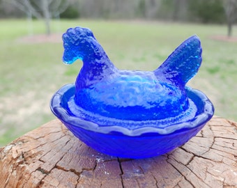 Cobalt Blue Glass Miniature Mini Hen Chicken Chick on a Nest Collectible Open Salt Dip Kitchen Home Decor