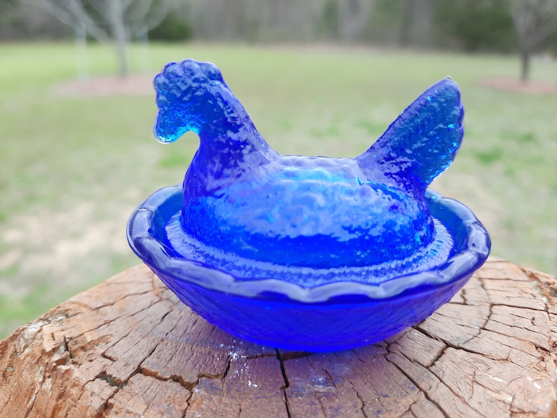 Cobalt Blue Glass Miniature Mini Hen Chicken Chick on a Nest Collectible Open Salt Dip Kitchen Home Decor image 1