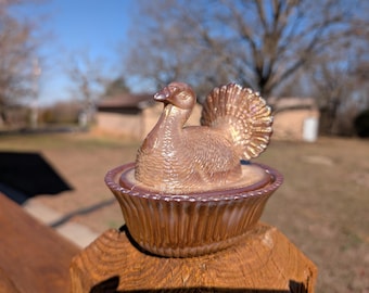 Vintage 1990s Boyd Milk Chocolate Carnival Glass Turkey on Nest 5 1/2 Inch Covered Candy Dish Thanksgiving Holiday Country Farmhouse