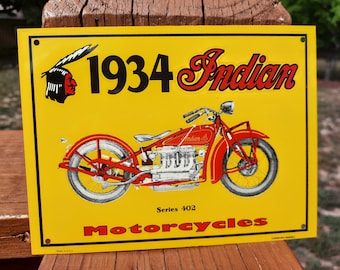 Small Metal 1934 Indian Motorcycles Series 402 Sign New Old Stock Sign Dealer Cabinet Sign