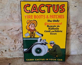 Vintage NOS Tin Metal Cactus Tire Boots & Patches Car Sign Kaktus Kid Cord and Fabric New Old Stock Embossed Sign