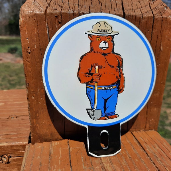 Vintage Style Porcelain Smokey The Bear License Plate Topper Fob Sign Prevent Forest Fires