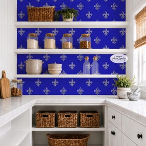 May include: A kitchen pantry featuring vibrant blue wallpaper with a repeating silver fleur-de-lis pattern. The space includes white shelves holding glass jars, woven baskets, and potted plants, with a logo reading Designed by Anne Londez.