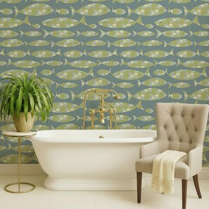 Japandi Dusty blue & green hand drawn fish wallpaper renter-friendly- Peel and Stick or Traditional Non-Pasted- Nautical Marine Biology
