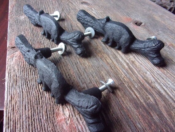 Cast Iron Drawer Pull Bear On Log Black Rustic Home Cabin Etsy