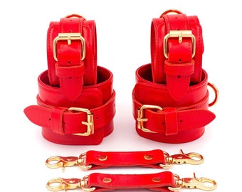 Red Bondage Set with Wrist and Ankle Cuffs, Leather Submissive Restraints, gear kit