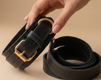 Black Leather Collar Choker and Leash Set, Luxury Gift for Couples