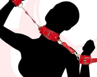 Bondage Set 2in1 - Handmade Leather Cuffs + Collar with Leash – Perfect for Masquerade, Leather Set, Valentine’s Day Gift