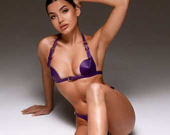 Leather Bikini Set With Italian-Made, Sexy Women Panty, Honeymoon Lingerie, Sensual Fetish Clothing