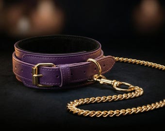 Purple Leather Collar with Chain Leash Set, Submissive Collar Necklace, Gift for Her
