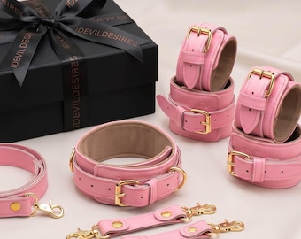 Pink Leather Bondage Set for Couples – Adjustable Handcuffs Ankle Cuffs, Collar with Leash, Gift for Wife