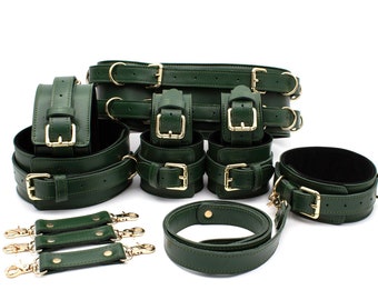 Luxury Leather Restraint Kit for Couples, Bondage Handcuffs Ankle Thigh Cuffs, Collar with Leash