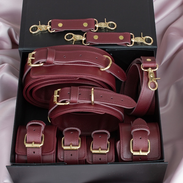 Luxury Leather BDSM Bondage Set, Restraint Fetish Kit, Hand Ankle Thigh Cuff, Collar with Leash, Waist Belt, Bondage Harness, Gift for Her