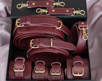 Premium Bourgondische lederen BDSM bondage set [4 in 1], bondage lederen terughoudendheid set, pols- en enkelboeien, dij en kraag, kinky