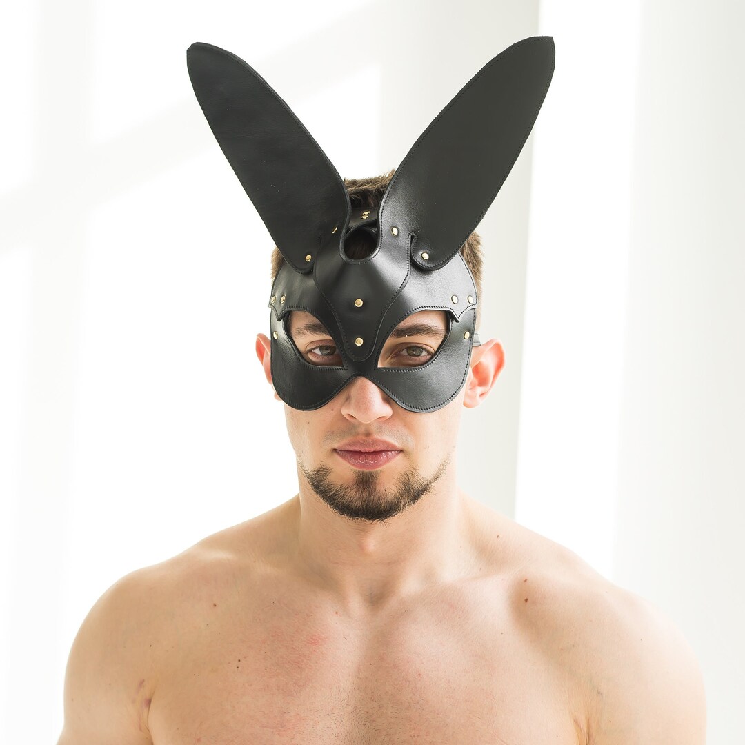 Men Black Leather Rabbit Mask, Cosplay Bunny Vegan Harness Mask, Sexy ...