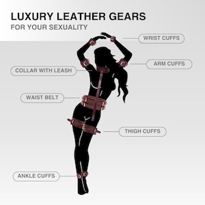 Luxury leather BDSM gear diagram showing collar, wrist cuffs, ankle cuffs and thigh restraints set for couples bondage play.