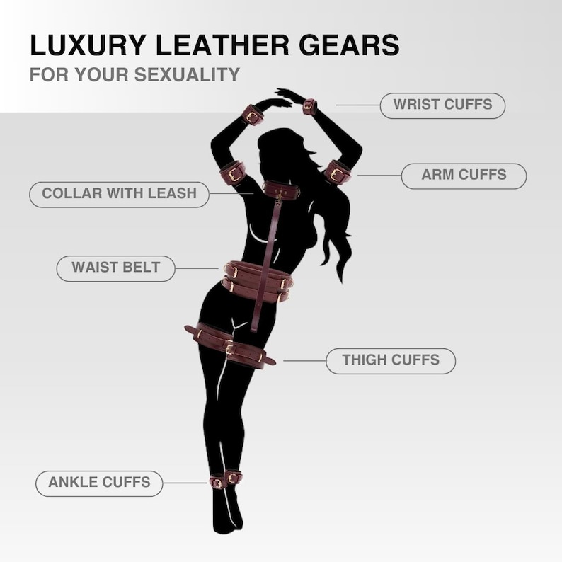 Luxury leather BDSM gear diagram showing collar, wrist cuffs, ankle cuffs and thigh restraints set for couples bondage play.