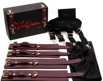 Burgundy Bed Restraint Straps Set with Cuffs