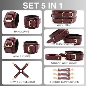 5 in 1 BDSM restraint set including wrist cuffs, ankle cuffs, thigh cuffs, collar and connectors handmade leather bondage gear.