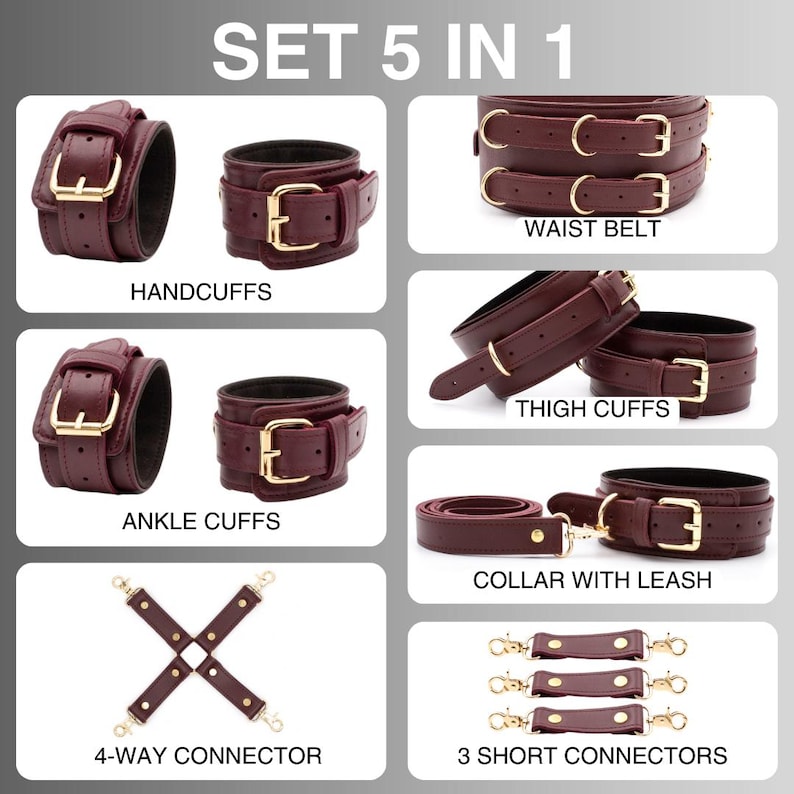 5 in 1 BDSM restraint set including wrist cuffs, ankle cuffs, thigh cuffs, collar and connectors handmade leather bondage gear.