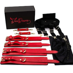 Red Bed Straps Set for Women, Strap Set With Cuffs,  leather bed connectors for her,  Anniversary gift