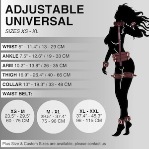 Adjustable universal leather restraints with size chart in inches and centimeters.  The restraints are brown and feature a variety of straps and buckles.  The chart shows sizes for wrist, ankle, arm, thigh, collar, and waist belt.
