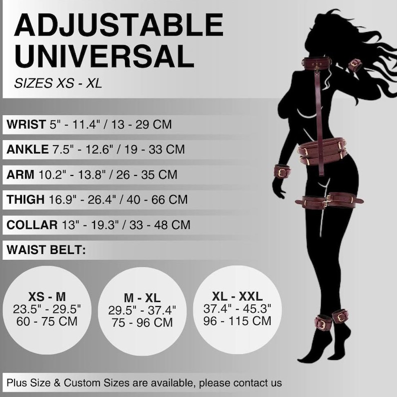 Adjustable universal leather restraints with size chart in inches and centimeters.  The restraints are brown and feature a variety of straps and buckles.  The chart shows sizes for wrist, ankle, arm, thigh, collar, and waist belt.