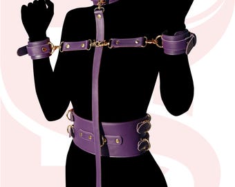 Leather Restraint Set, Adjustable Cuffs, Collar & Leash