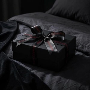 Luxury black gift box packaging with ribbon, discreet packaging for BDSM bondage set romantic couple gift.
