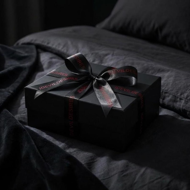 Luxury black gift box packaging with ribbon, discreet packaging for BDSM bondage set romantic couple gift.